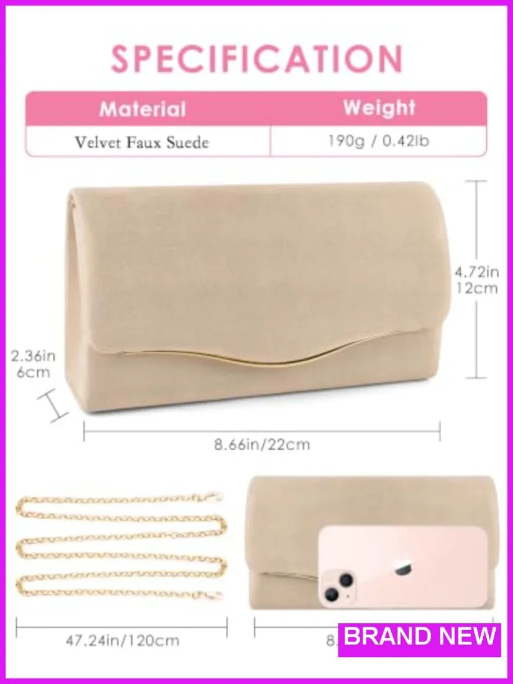 Velvet Faux Suede Evening Clutch Purse with Detachable Chain Crossbody Envelope